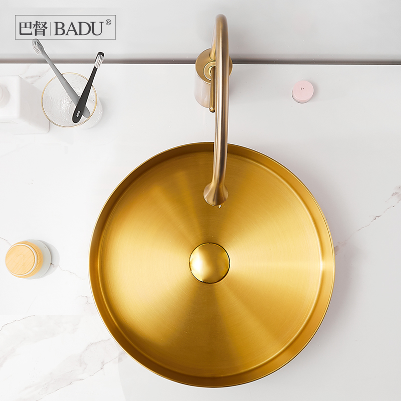 巴督 金色3e04不锈钢台上盆圆形单盆酒吧KTV洗手盆家用面盆艺术盆