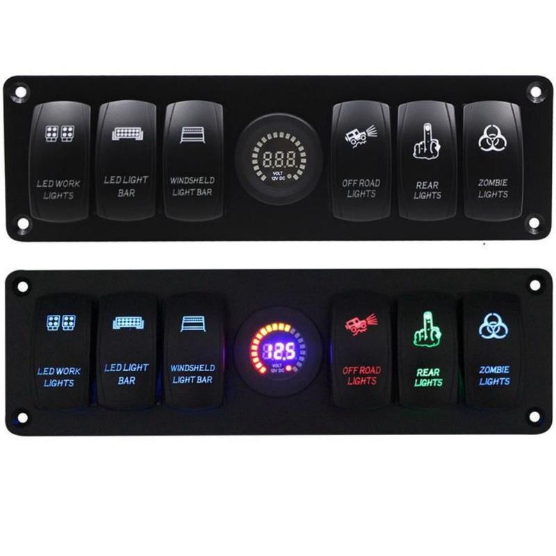房车游艇改装防水6位翘板开关组合面G板船型功能开关带彩屏电压表