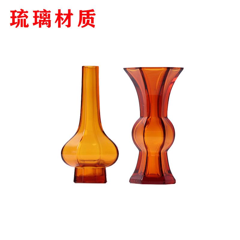 新中式现代琉璃花瓶茶色绿色花器摆件博古架摆件书柜样板房装饰品