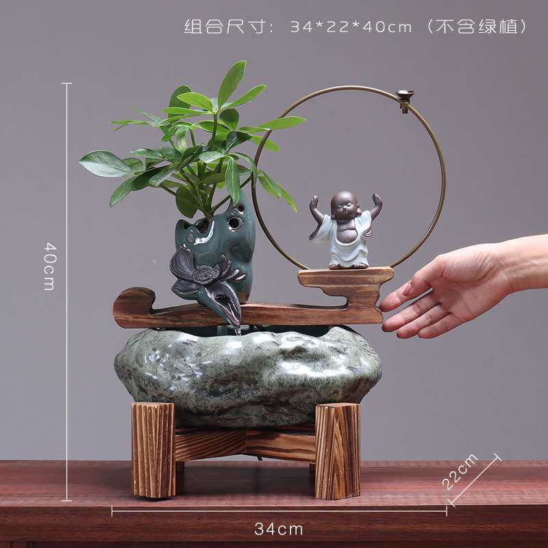 中式假山流水喷泉摆件客厅玄关禅意装饰风水招财陶瓷工艺品加湿器
