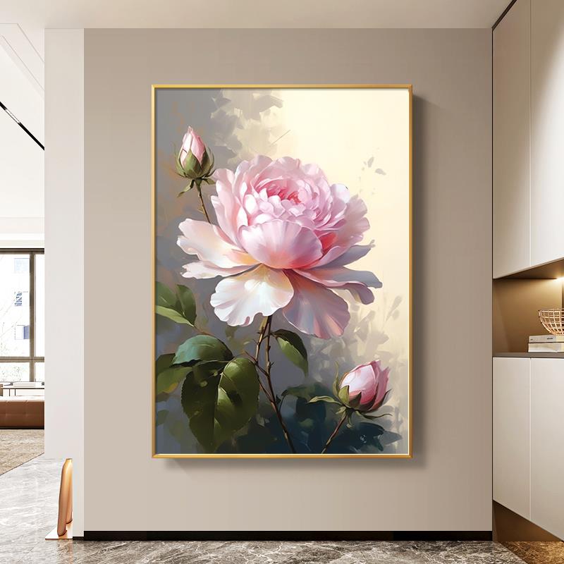 唯美花卉纯手绘油画牡丹花轻奢高级感入户玄关装饰画客厅餐厅挂画