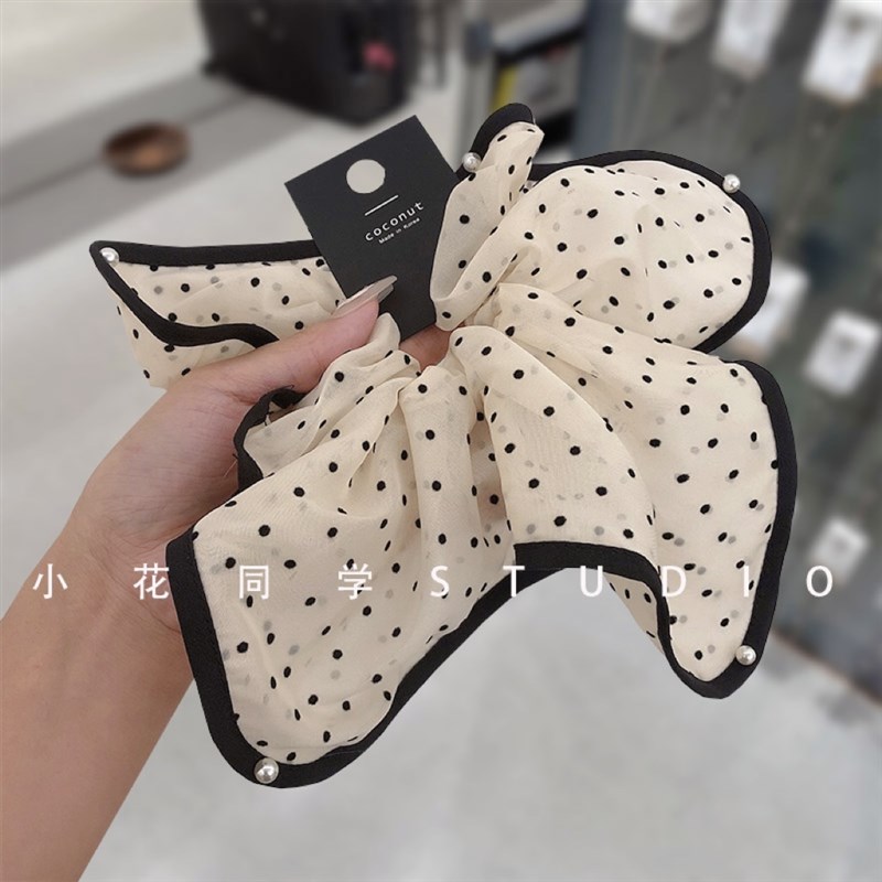 雪纺米白色黑白圆点波点小方巾珍珠钉珠发圈大肠圈