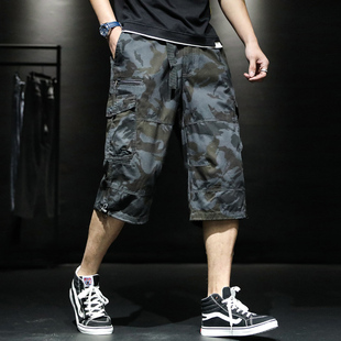 薄款 宽松直筒户外运动休闲七分裤 男士 纯棉多口袋短裤 迷彩中裤 夏季