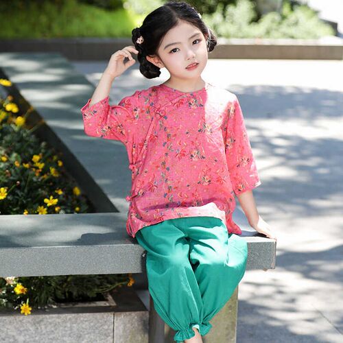 儿童唐装2024夏季新款女童汉服套装文艺茶服苎麻两件套改良中国风