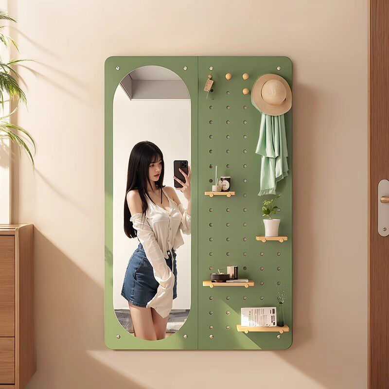 实木洞洞板置物架带镜家用挂墙穿衣镜玄关壁挂衣帽架一体落地镜子