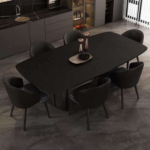 火烧石餐桌不锈钢火山石黑色大理石餐桌椅现O代简约长方形家用饭