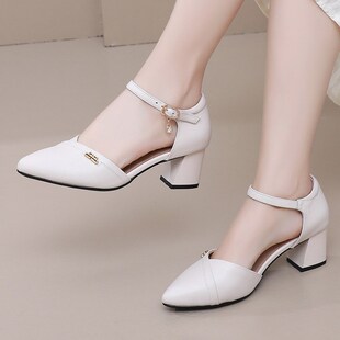 新款 时尚 妈妈皮鞋 真皮鞋 女鞋 女2025夏季 中空单鞋 子包头一字带凉鞋