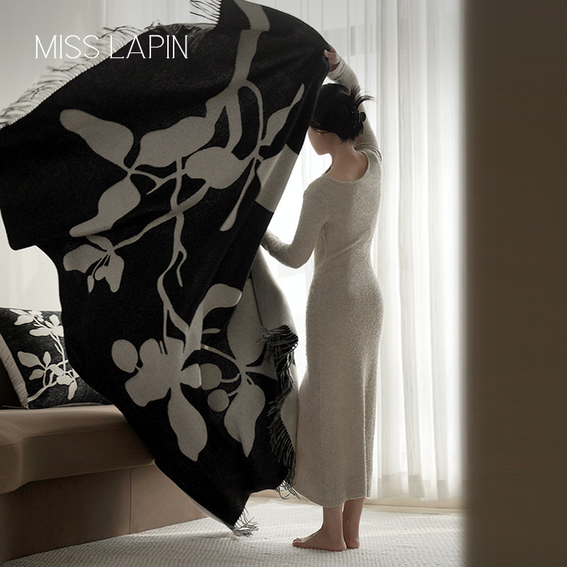 澜品繁花双面流苏纯羊毛毯中古风办公室黑白午睡毯盖毯沙发毯,床上用品,休闲毯/毛毯/绒毯,淘宝优惠券,粉丝福利购,淘宝优惠卷