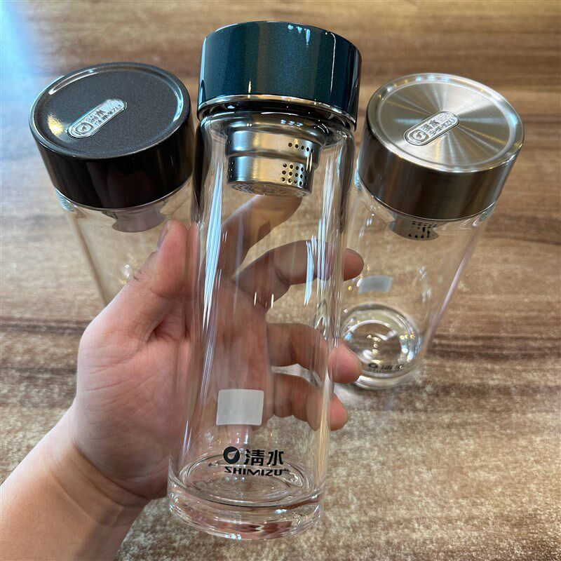 清水玻璃杯通透杯身加厚玻璃316不锈钢滤网简约旋盖丝滑质感出众图片