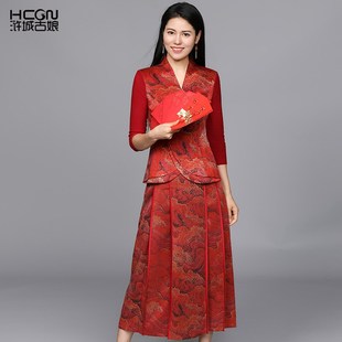 女士夏季 显瘦气质商务套裙 香云纱两件套中长裙云浪印花民族风修身