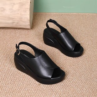 坡跟凉拖鞋 女真皮松糕底一字拖夏松糕牛皮半拖顾明强外穿高跟拖鞋