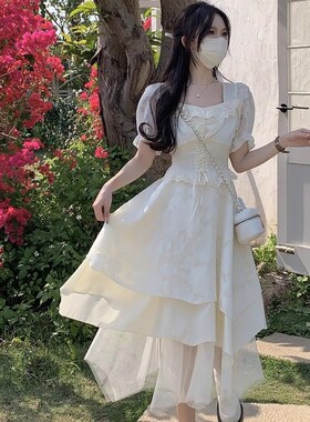 白色法式连衣裙夏季女大童12岁初中高中学生15不规则宫廷风公主裙