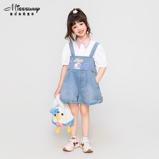 大象魔术师浅蓝色女童背带裤子2024夏季新款宽松阔腿牛仔短裤薄款