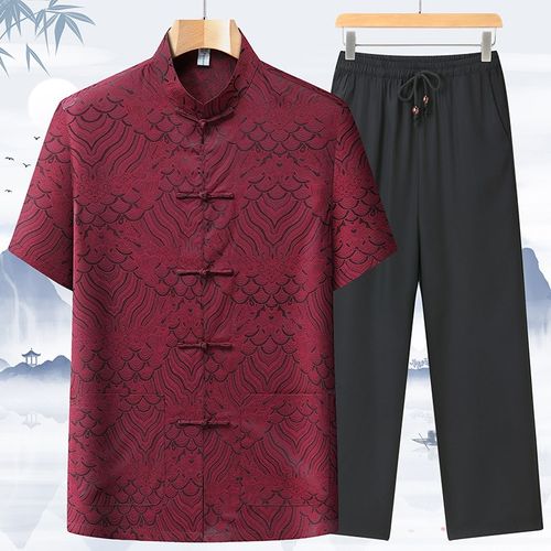 夏季冰丝唐装男爸爸装短袖套装中老年人汉服中国风男装衬衫两件套
