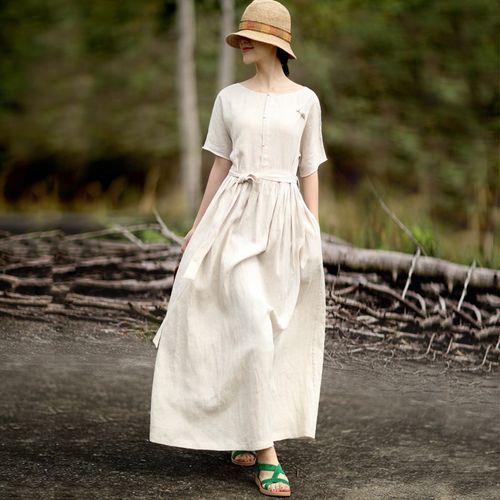 高档春季新款文艺棉麻连衣裙复古高档麻料大摆裙显瘦短袖长裙女