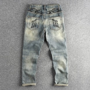 舒适休闲百搭直筒裤 男 潮流九分牛仔裤 高端复古水洗做旧高街美式