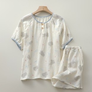睡衣女生纯棉纱带口袋文艺减龄家居睡眠服薄 短裤 卡通套头夏季 短袖