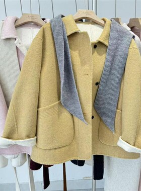 20926韩系可脱卸毛线围巾帽双面羊绒大衣洋气减龄百搭毛呢外套女