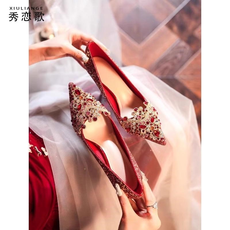 爆闪水钻婚鞋女2025新款绝美红色水晶鞋不累脚细跟高跟鞋礼服鞋