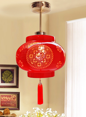 红色灯笼中国风陶瓷全铜乔迁大门吊灯客厅入户走廊过道卧室阳台灯