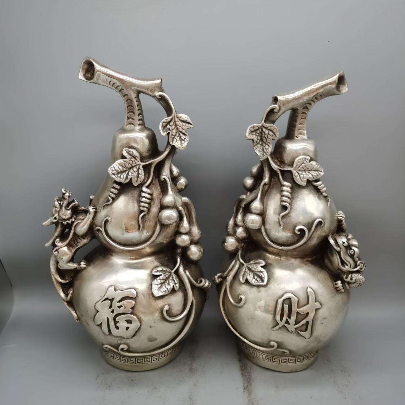 仿白铜葫芦财富葫芦一对家居摆件做旧貔貅金蟾葫芦摆设工艺品