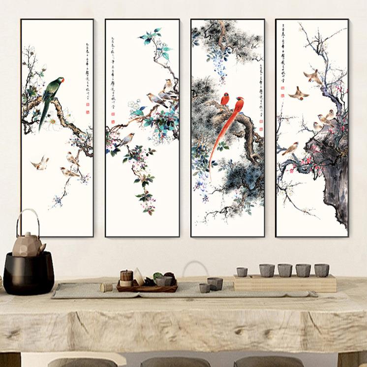 花鸟装饰画新中式书房茶室客厅沙发背景玄关挂画竖幅四条屏壁画