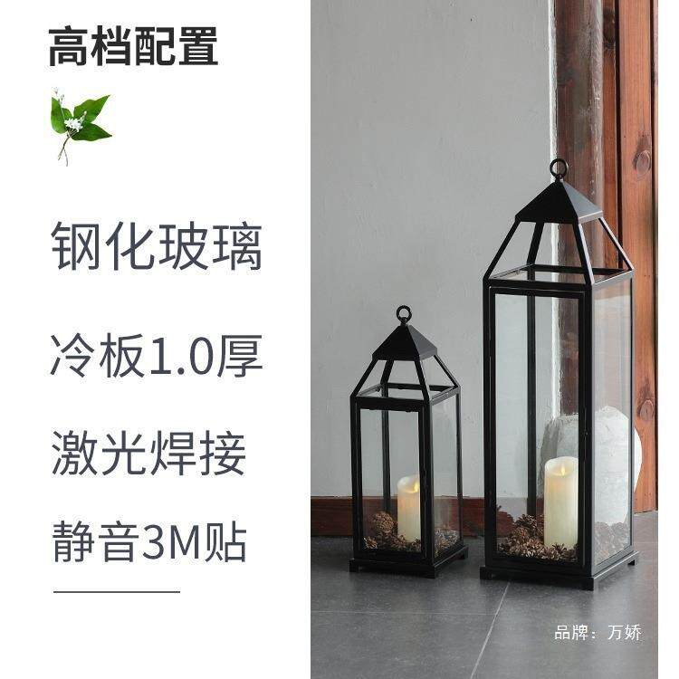 欧式黑色铁艺落地风灯钢化玻璃庭院摆件软装民宿酒店大堂户外烛台