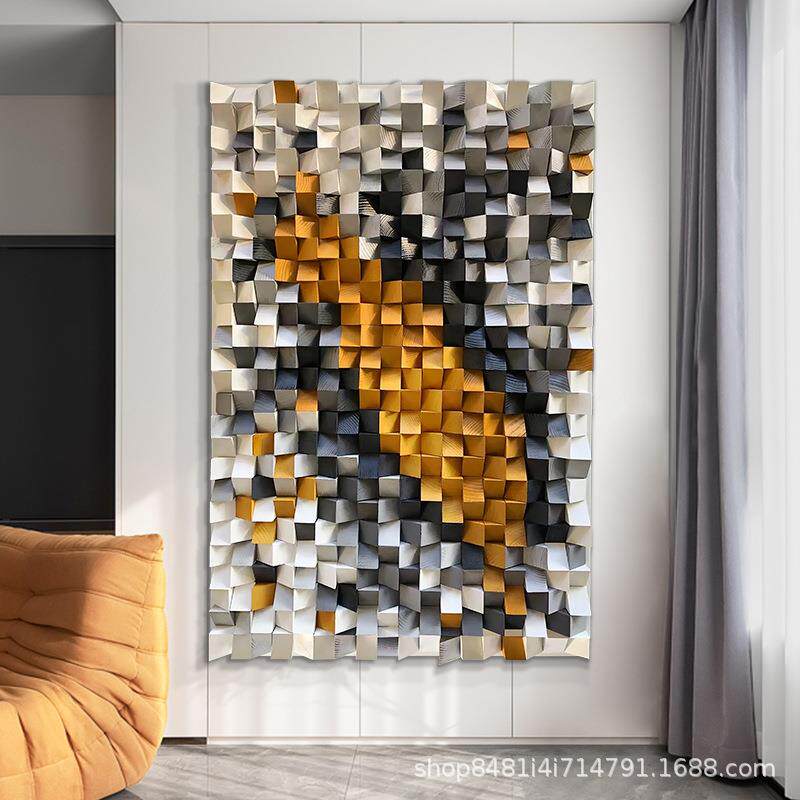 立体木块马赛克装置画高级感撞色入户玄关装饰画抽象走廊过道挂画
