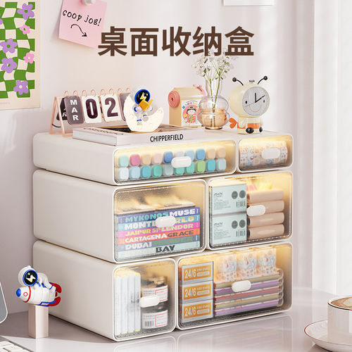 桌面收纳盒抽屉式化妆品口红学生文具杂物透明整理盒办公室储物盒