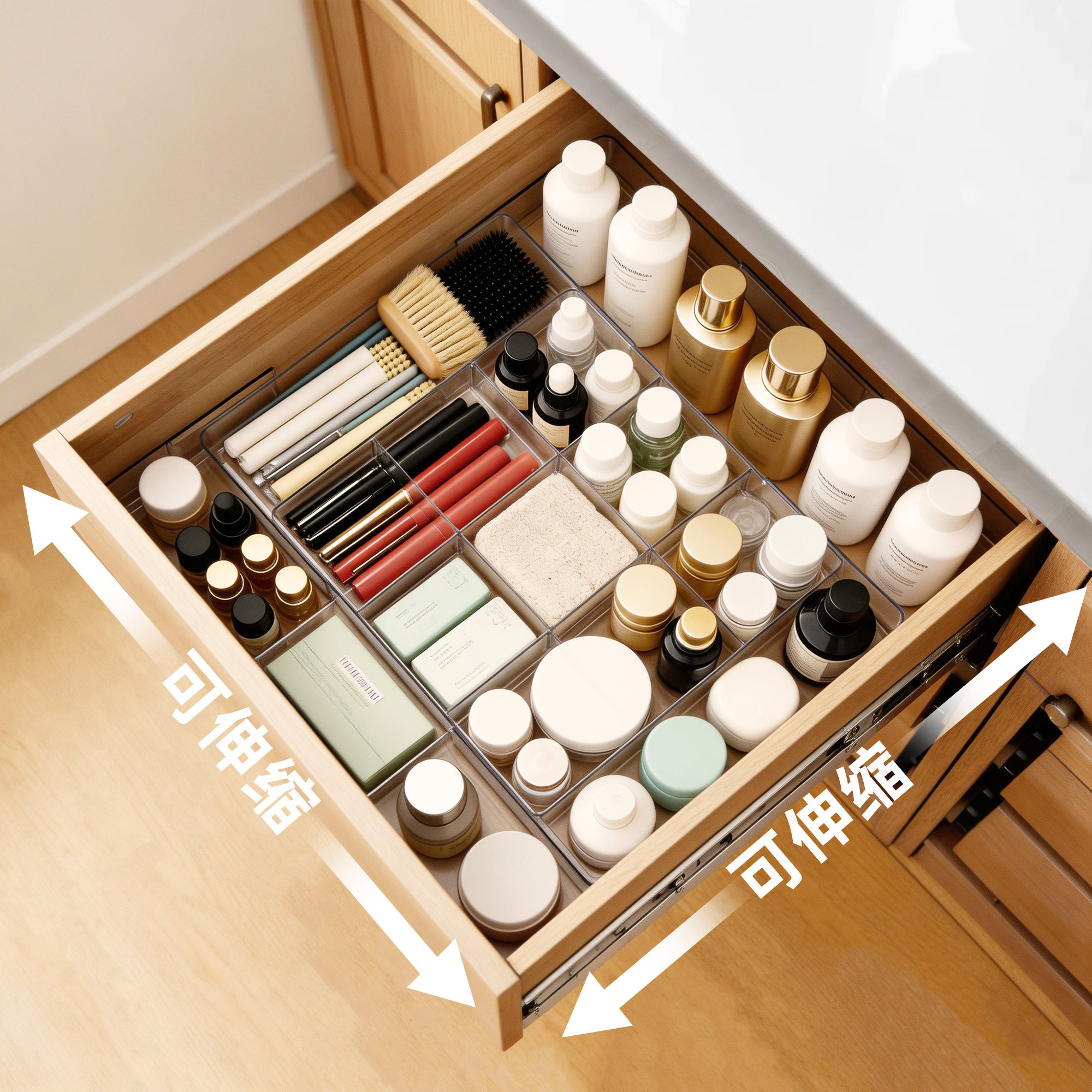 抽屉收纳盒可伸缩分隔透明化妆品整理盒厨房筷子勺子餐具内置分类