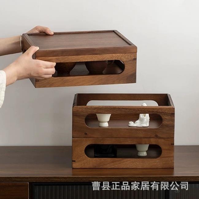 中式复古木制桌面收纳盒多层可叠加木质茶具置物盒便携茶杯储存盒