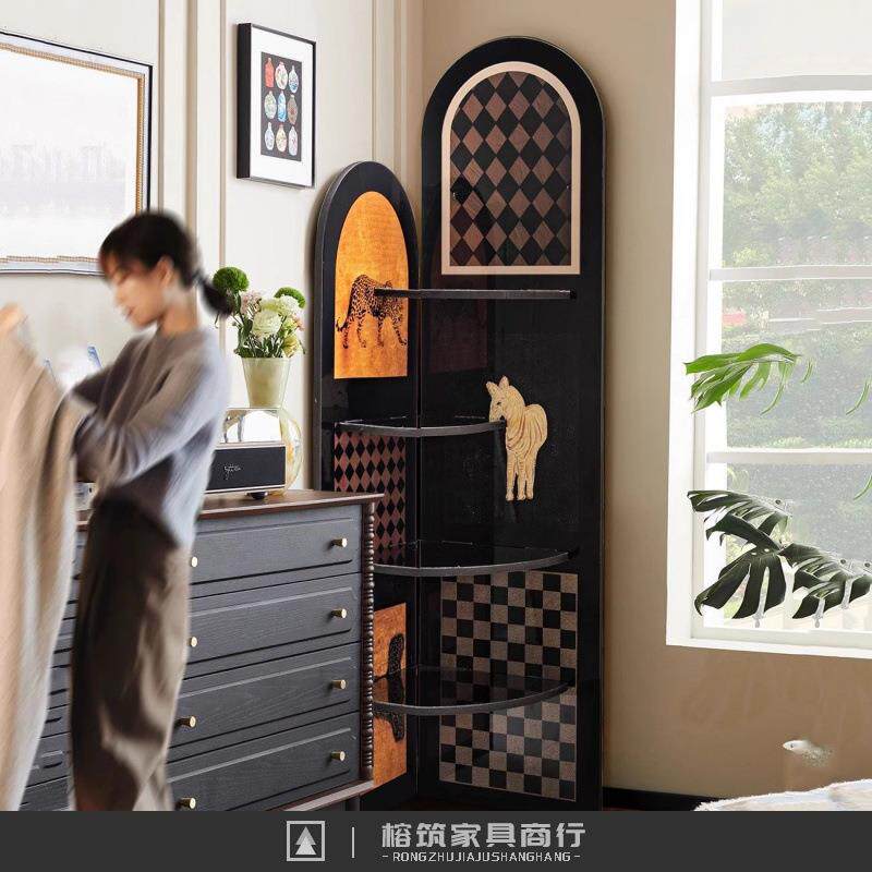 中古风客厅转角置物架新款角落多层收纳架装饰摆件收纳三角柜画