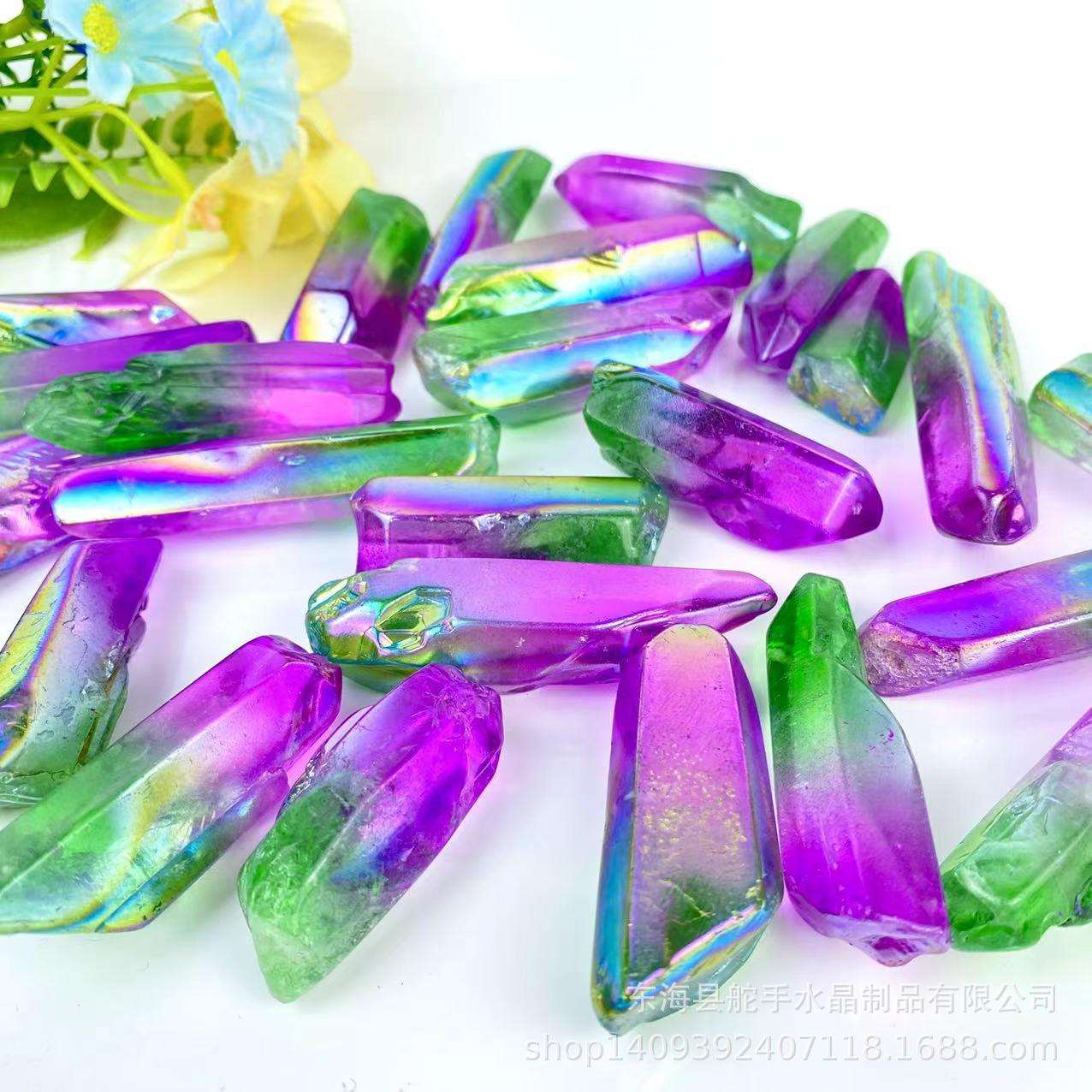 天然水晶现货天然电镀彩色水晶柱水晶原石抛光无孔饰品配件