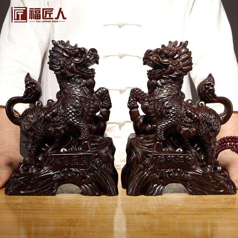 黑檀木质雕刻麒麟摆件一对家居客厅酒柜玄关办公室店铺装饰工艺品