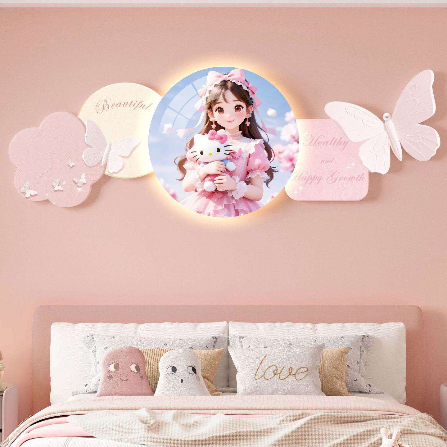 奶油风女孩房间卧室装饰画卡通灯画儿童房壁画蝴蝶床头带灯挂画