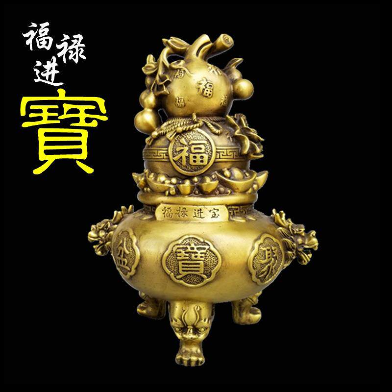 铜葫芦福禄进宝聚宝盆摆件八方来财百福葫芦龙头三足聚宝盆