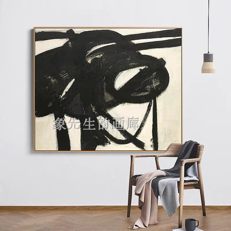 黑白手绘油画极简抽象画奶油风客厅无框画玄关餐厅肌理画民宿挂画