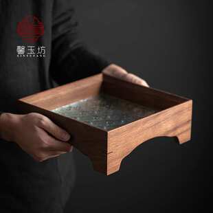 复古海棠花玻璃托盘高脚茶盘胡桃木实木水果点心收纳盘家用干泡台