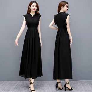 黑色雪纺连衣裙女2021夏季新款立领夏天薄款收腰裙子轻熟风长裙