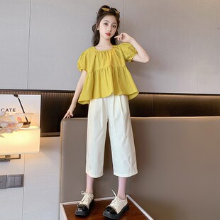 女童夏装套装2024新款潮女大童夏季纯棉洋气休闲娃娃衫儿童两件套