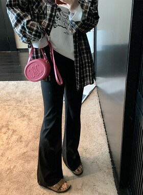 NAZ那子大码早春新款弹力显瘦塑型运动喇叭裤胖mm黑色直筒长裤女