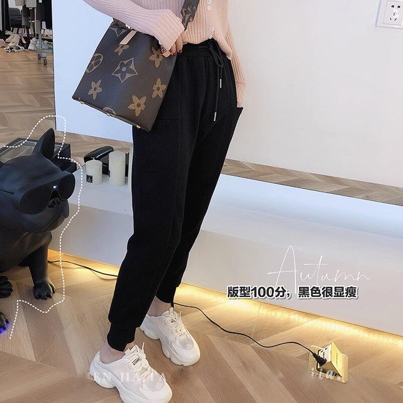 纯棉大码胖mm束脚卫裤女秋冬2024新款高腰大腿粗小腿细显瘦休闲裤