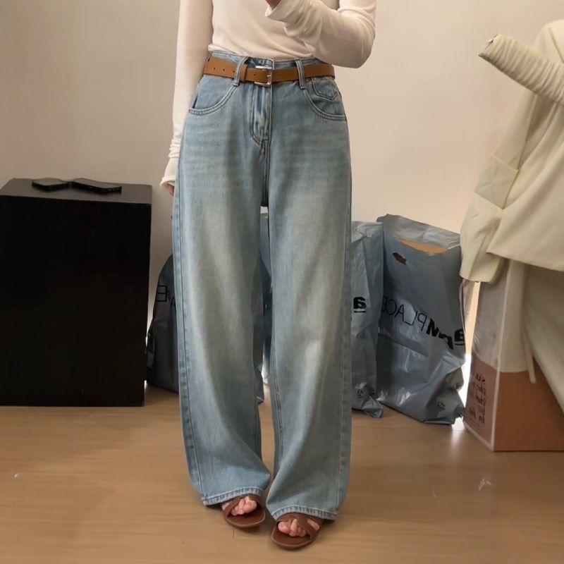 此外复古浅色高腰阔腿牛仔裤女春季宽松显瘦百搭垂感休闲直筒长裤图片