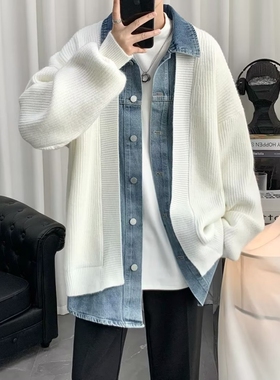牛仔拼接假两件开衫毛衣外套男秋冬季设计感针织衫休闲宽松毛线衣