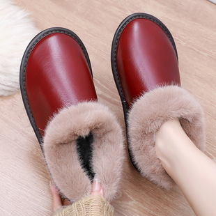 纯牛皮真皮家居皮拖鞋男女冬季家用防滑棉拖鞋室内外包跟情侣棉鞋