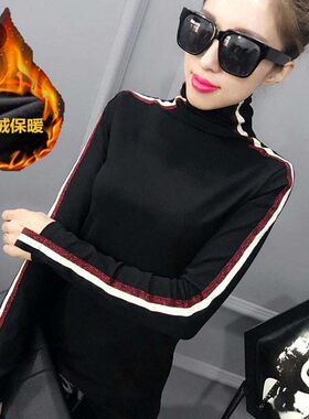 2021冬季新款高领打底衣女长袖修身t恤 加绒加厚黑色大码宽松小衫