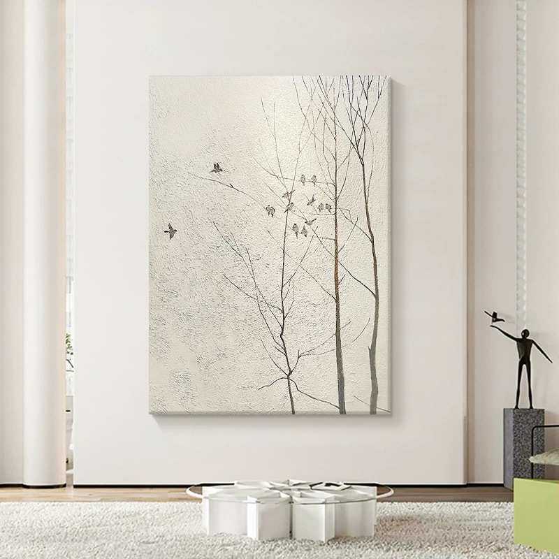 奶油风极简主义写意花鸟纯手绘油画新中式玄关装饰挂画肌理画简约