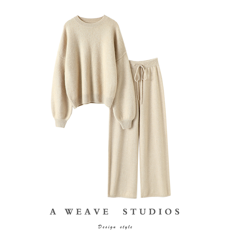 展现迷人气质!太美了~灯笼袖加厚纯羊绒衫女毛衣阔腿裤羊绒套装