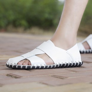 沙滩平底鞋 真皮透气凉鞋 韩版 青年男士 2025懒人白色 夏季 拖鞋 新款