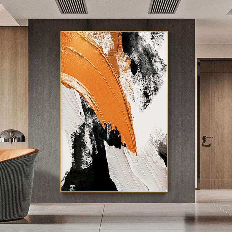 现代简约黑白橙抽象手绘油画入户玄关装饰画餐厅巨幅客厅落地挂画